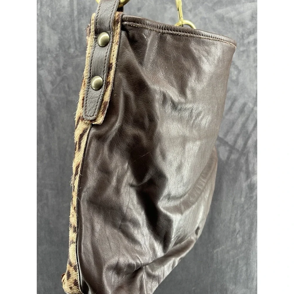 VTG Garnet Hill Italy Leather‎ Calf Hair Leopard Print Hobo Bag Brown